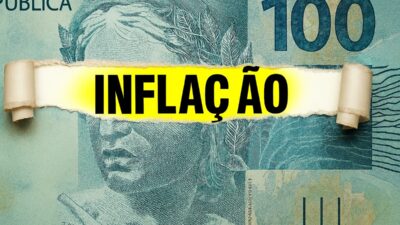 Nota de 100 reais ao fundo, com faixa rasgada no centro destacando a palavra “INFLAÇÃO” em amarelo.