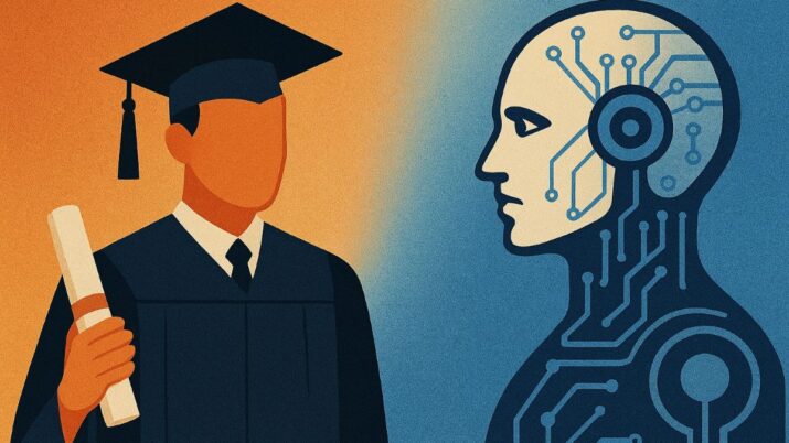 Ilustração em estilo editorial mostra, à esquerda, uma pessoa vestindo beca e segurando um diploma, representando o ensino tradicional, e, à direita, o perfil de uma figura humanoide formada por circuitos, simbolizando a inteligência artificial