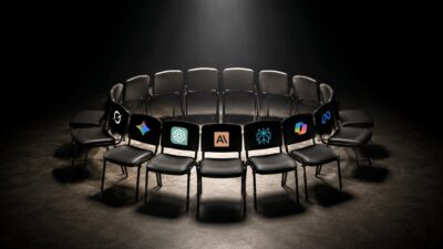 Círculo de cadeiras pretas em sala escura, iluminadas no centro, com logotipos de ferramentas de IA nos encostos, voltadas para um espaço vazio