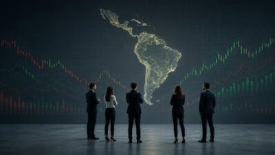 Imagem gerada por inteligência artificial mostra cinco investidores, homens e mulheres, de roupas sociais escuras, observando o mapa da américa latina. ao fundo, estão gráficos de ações