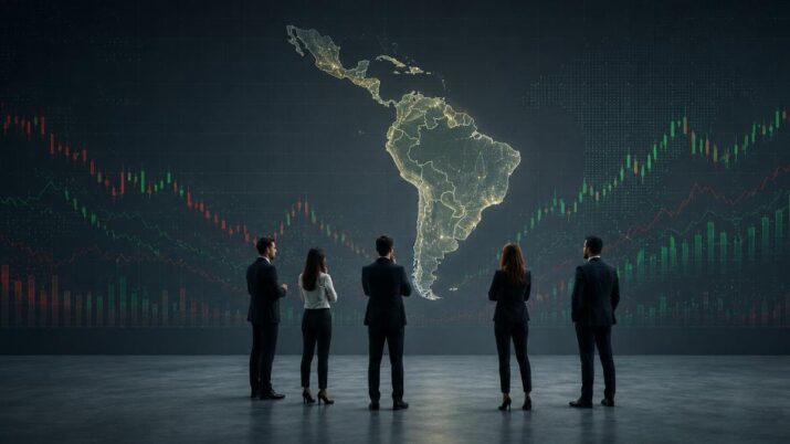 Imagem gerada por inteligência artificial mostra cinco investidores, homens e mulheres, de roupas sociais escuras, observando o mapa da américa latina. ao fundo, estão gráficos de ações
