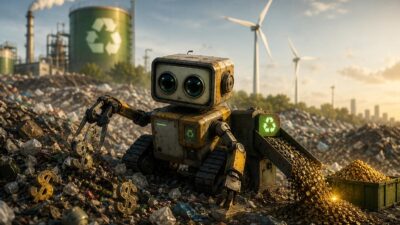 Imagem gerada por inteligência artificial mostra um robô gerando valor a partir de lixo e resíduos