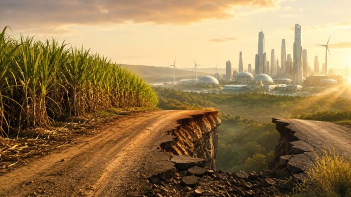 Imagem gerada por inteligência artificial mostra uma estrada de terra saindo de um canavial em direção a uma cidade do futuro, mas há um buraco no meio do trajeto