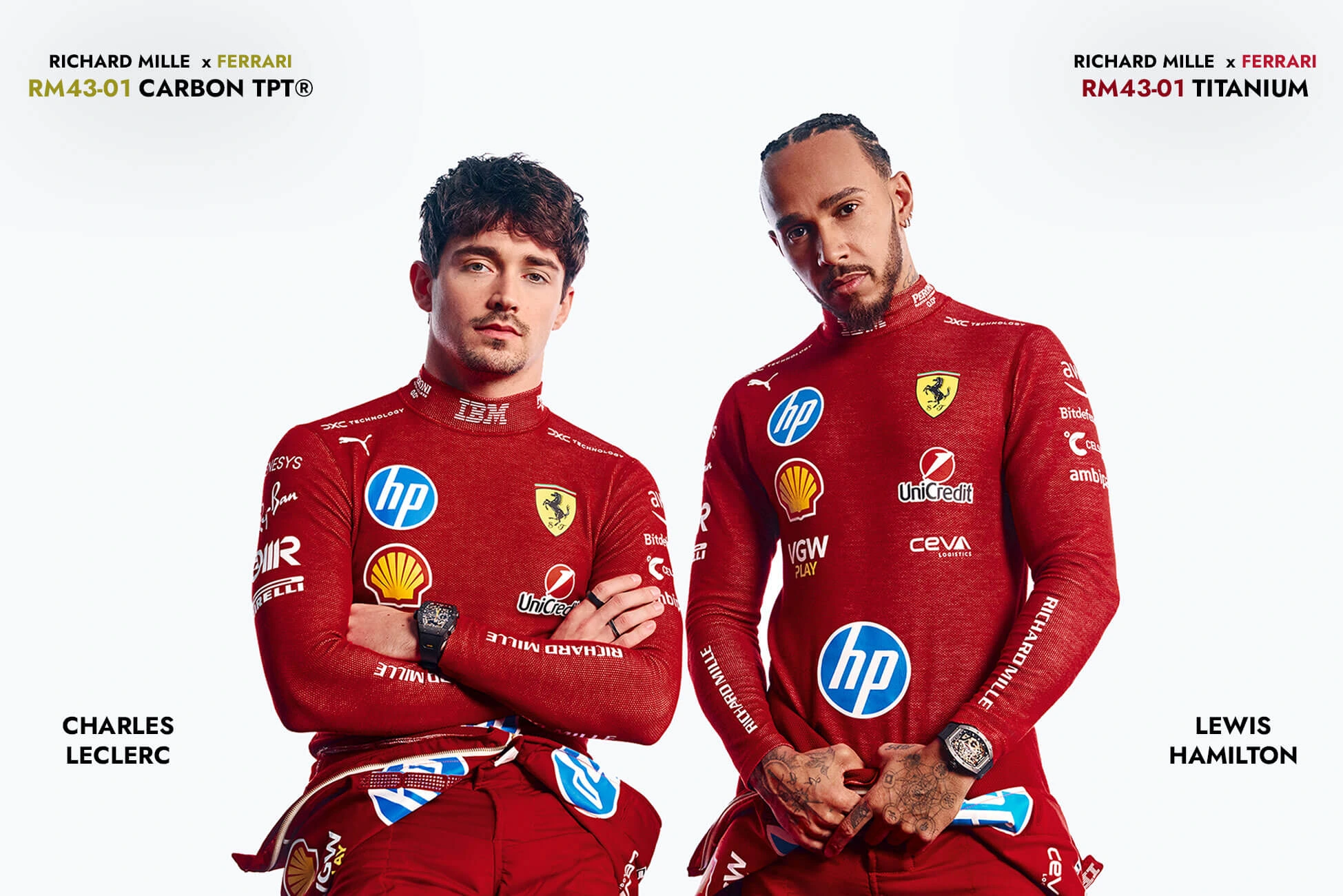 Charles Leclerc ao lado de Lewis Hamilton em fundo branco