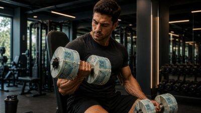 Imagem gerada por inteligência artificial mostra um homem fazendo exercícios com halteres feitos de notas de 100 reais