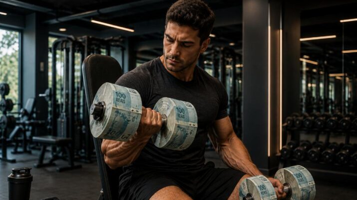 Imagem gerada por inteligência artificial mostra um homem fazendo exercícios com halteres feitos de notas de 100 reais