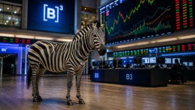 Imagem mostra uma zebra dentro do espaço da B3, a bolsa de valores brasileira. Há gráficos de ações e símbolos da B3 ao fundo