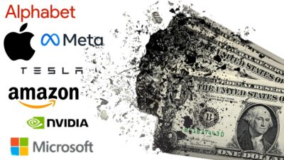 Montagem em fundo branco traz notas de dólar se desfazendo no canto direito. Do lado esquerdo, o logo das 7 Magníficas: Alphabet, Apple, Meta, tesla, Amazon, Nvidia e Microsoft