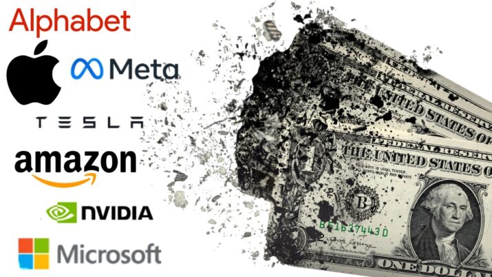 Montagem em fundo branco traz notas de dólar se desfazendo no canto direito. Do lado esquerdo, o logo das 7 Magníficas: Alphabet, Apple, Meta, tesla, Amazon, Nvidia e Microsoft