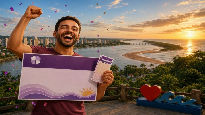 Homem comemora prêmio da Lotofácil com rio desaguando no mar ao fundo.