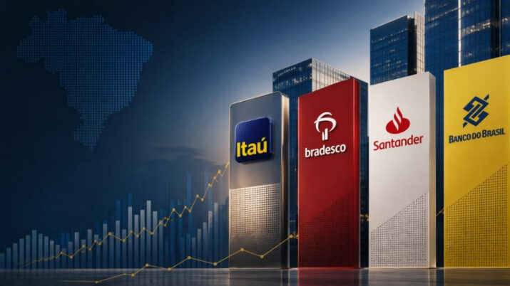 Imagem criada por inteligência artificial para ilustrar a temporada de balanços de bancos Itaú (ITUB4), Bradesco (BBDC4), Santander Brasil (SANB11) e Banco do Brasil (BBAS3).