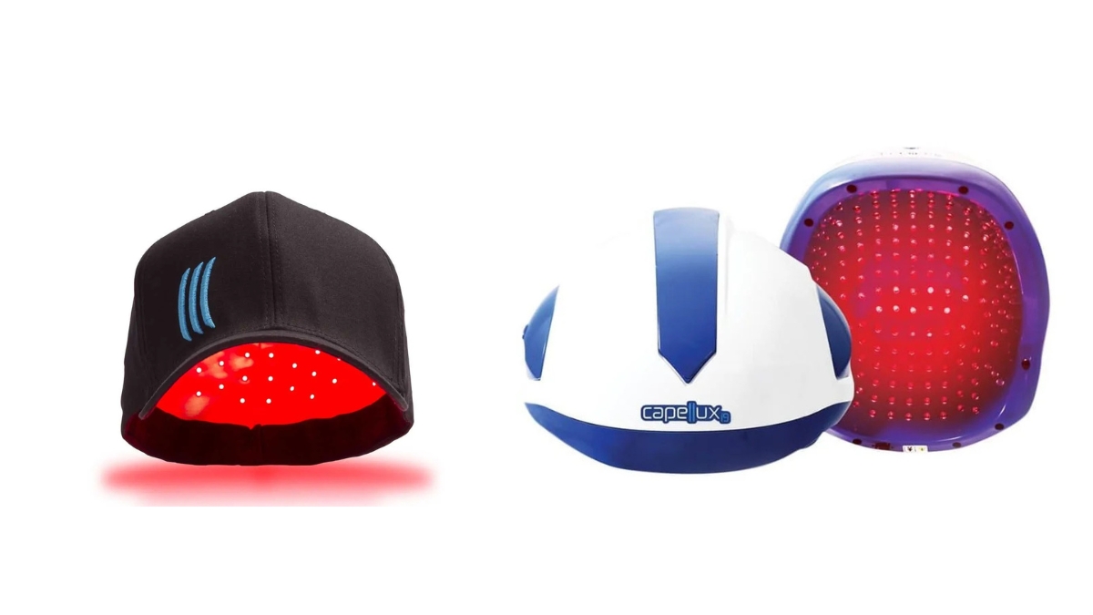 boné e capacete de LED uma o lado do outro em fundo branco