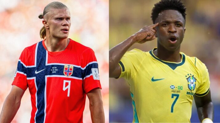 Haaland ao lado esquerdo e Vinicius Jr do lado direito; ambos com a camisa de cada seleção
