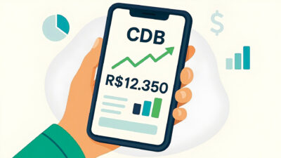 Tela de um celular com os dizeres CDB e uma seta indicando crescimento.