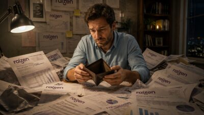 Imagem criada por inteligência artificial mostra um homem olhando para uma carteira vazia. Ele está em um escritório, com luz de abajur, cercado de papéis da Raízen