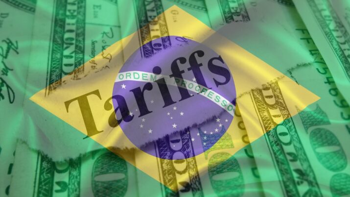 Montagem representando as tarifas dos EUA contra os produtos brasileiros