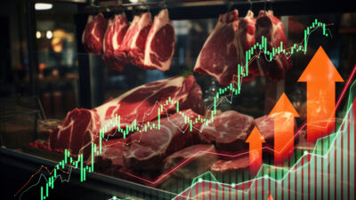 Carnes penduradas em frigorífico, com gráficos de cotações na bolsa. ID da foto:1820806605