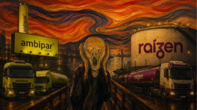 Montagem da Ambipar e da Raízen, com quadro O Grito de Edvard Munch