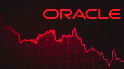 Um gráfico de ações de fundo preto e linhas vermelhas traz o logo da Oracle no canto superior direito