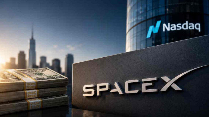 Montagem ilustrativa mostra o logotipo da SpaceX em primeiro plano ao lado de pilhas de dólares, com o prédio da Nasdaq ao fundo. A imagem representa a abertura de capital da empresa de Elon Musk e sua estreia na bolsa americana.
