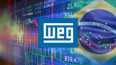 Em um fundo com a bandeira do Brasil, o logo da WEG aparece em primeiro plano
