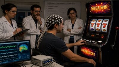 Homem aposta em máquina caça-níquel com eletrodos na cabeça e pesquisadores ao redor