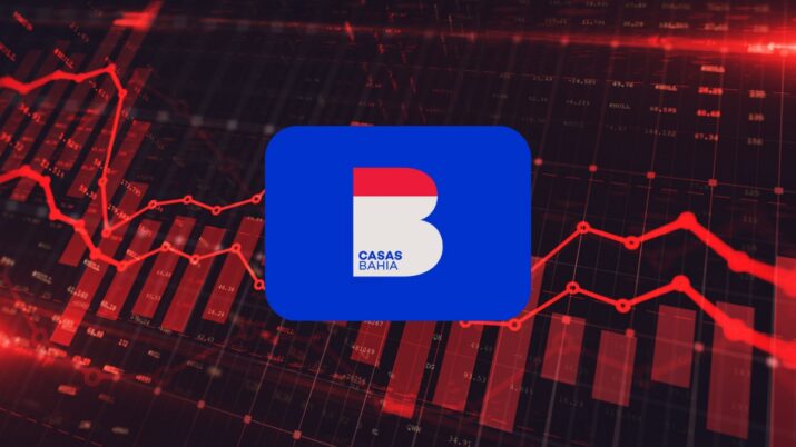 Logo da Casas Bahia (BHIA3) e gráfico de ações em queda
