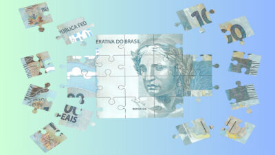 nota de 100 reais desmontada no formato de quebra-cabeças