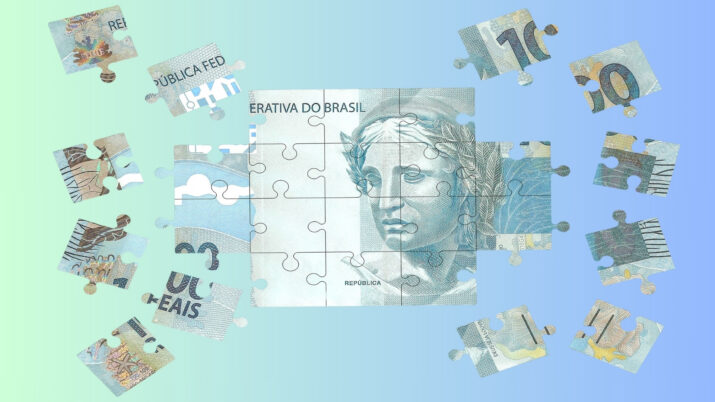 nota de 100 reais desmontada no formato de quebra-cabeças