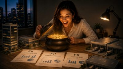 Imagem feita com inteligência artificial mostra uma mulher ao centro abrindo um pote de ouro que reluz. Ao seu redor estão maquetes de centros logísticos e prédios comerciais e há papéis sobre investimentos em fundos imobiliários na mesa à sua frente.