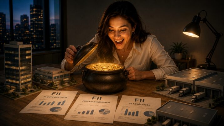 Imagem feita com inteligência artificial mostra uma mulher ao centro abrindo um pote de ouro que reluz. Ao seu redor estão maquetes de centros logísticos e prédios comerciais e há papéis sobre investimentos em fundos imobiliários na mesa à sua frente.