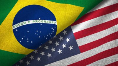 Bandeira do Brasil e Estados Unidos. Tarifas comerciais