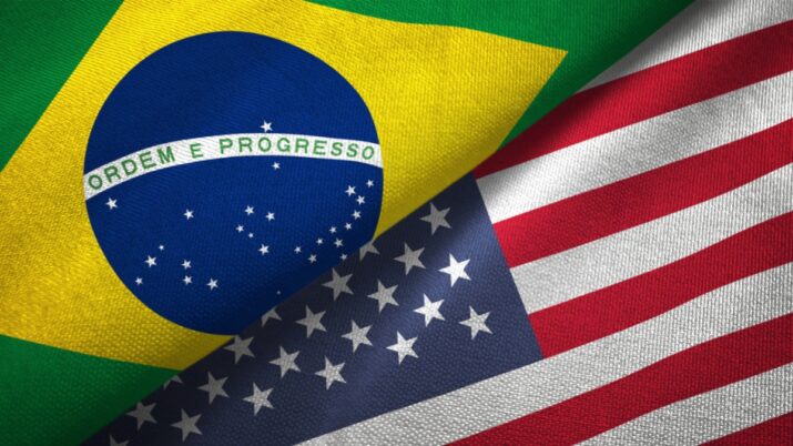 Bandeira do Brasil e Estados Unidos. Tarifas comerciais