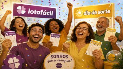 Ganhadores das loterias Lotofácil e Dia de Sorte comemoram prêmio.