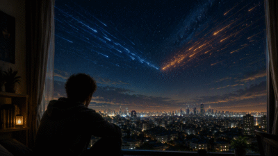 Ilustração de pessoa assitindo chuva de meteoros