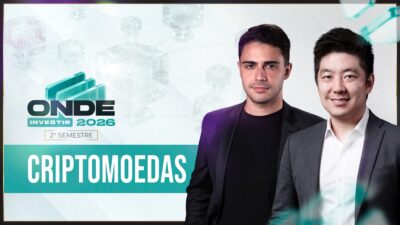 Em um fundo branco, do lado direito a imagem de dois homens - um de terno preto e outro, asiático, de camisa branca e terno cinza. Do lado esquerda, a frase: Onde Investir no segundo semestre de 2026 - criptomoedas