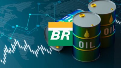 Logo da Petrobras e, ao fundo, ilustração de barris de petróleo e gráfico de ações