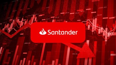 Logo do Santander e gráfico de queda de ações