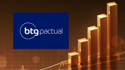 Fundo de gráfico de ações em dourado com o símbolo do BTG Patcual em azul ao centro