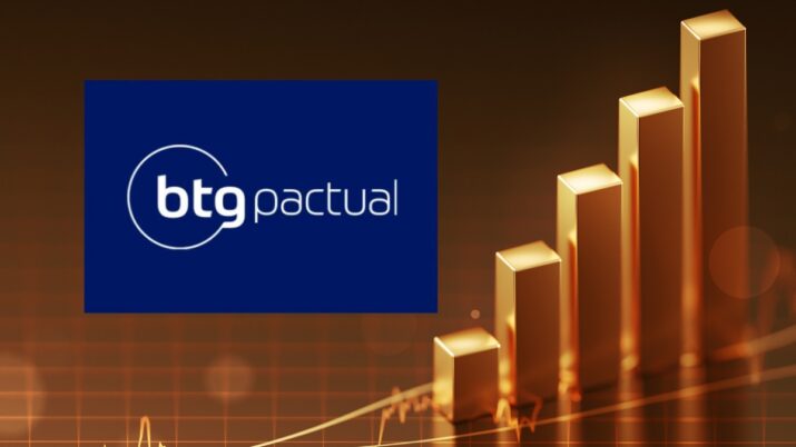 Fundo de gráfico de ações em dourado com o símbolo do BTG Patcual em azul ao centro