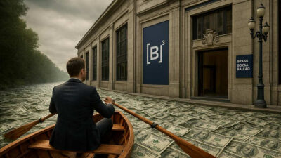 Imagem criada por IA de um executivo dentro de um barco de madeira, remando na direção da B3. Em vez de água, ele navega sobre dólares.