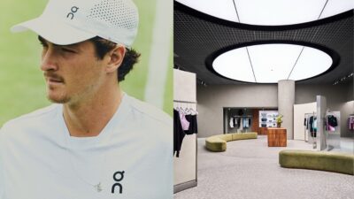 imagem de João Fonseca com boné e camisa da On; ao lado, imagem da loja do Shopping Morumbi