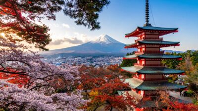 Vista do Monte Fuji no outono no Japão