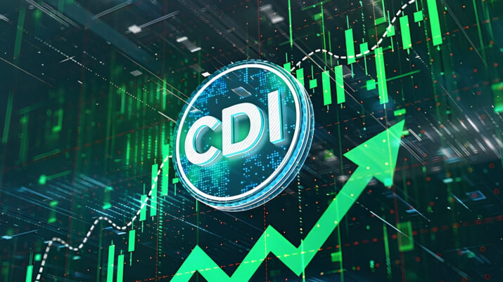 Gráfico de vela em tendência de valorização, na cor verde, em referência a negociações em bolsa. No centro, um círculo com os dizeres "CDI", para referência à renda fixa.
