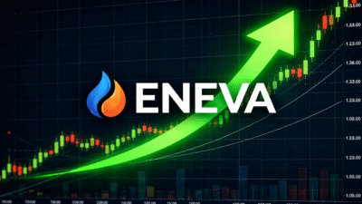Ilustração da Eneva (ENEV3) sobre um gráfico de mercado financeiro em tendência de alta. O logotipo e o nome da companhia aparecem ao centro, enquanto uma grande seta verde aponta para cima, simbolizando valorização das ações e perspectiva positiva para a empresa.