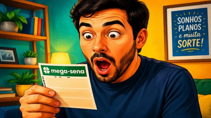 Apostador olha espantado para bilhete da Mega-Sena.