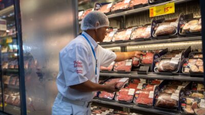 Imagem mostra funcionário com uniforme da Friboi colocando produtos em prateleira no supermercado