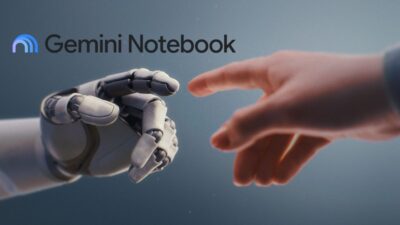 Mãos de robô e humano se tocando com o logo do Gemini Notebook, representando a ferramenta de Inteligência Artificial (IA) do Google