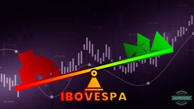 Uma gangarra representando o Ibovespa: de um lado (vermelho), a gangorra está para baixo. De outro (verde), a gangorra está para cima. No centro, o Ibovespa.