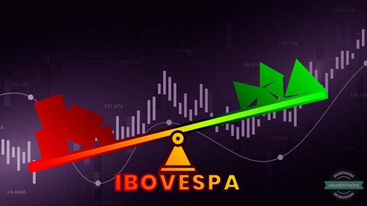 Uma gangarra representando o Ibovespa: de um lado (vermelho), a gangorra está para baixo. De outro (verde), a gangorra está para cima. No centro, o Ibovespa.